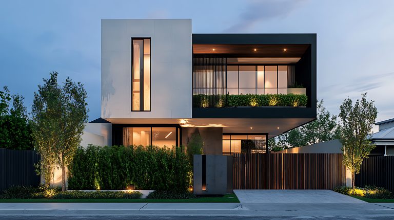 A modern, two-story house with a black and white exterior, large windows, and a wooden fence. The house is illuminated by warm lights